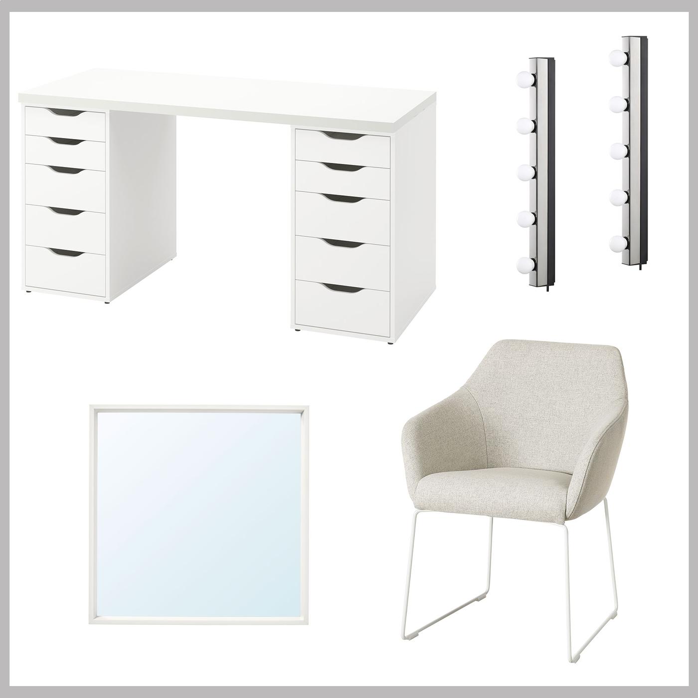 Kollagebild på sminkbordspaket med vitt sminkbord med 12 lådor, beige stol, kvadratisk spegel och två sminklampor. 