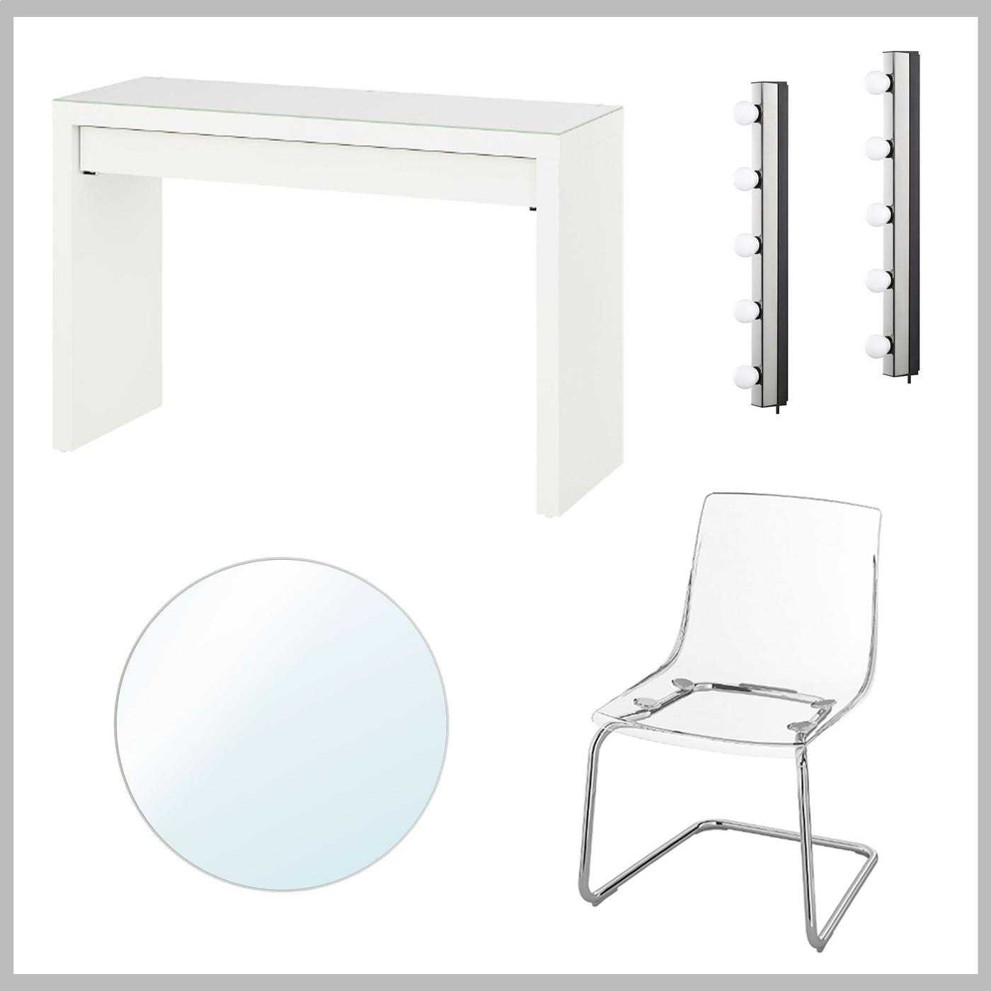 Kollagebild på sminkbordspaket med vitt sminkbord med lådoa, transparent stol, rund spegel och två sminklampor. 