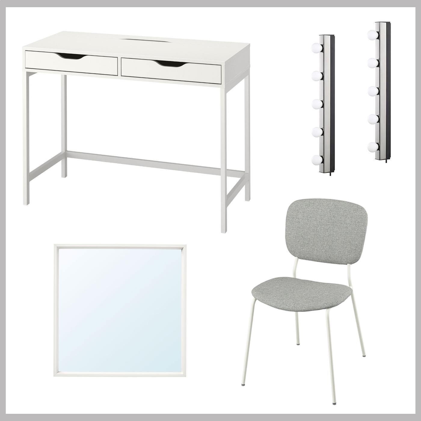 Kollagebild på sminkbordspaket med vitt sminkbord med två lådor, grå stol, kvadratisk spegel och två sminklampor. 