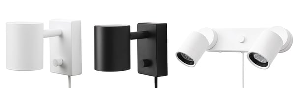 Kollagebild på tre stycken NYMÅNE vägglampor i vitt och svart. 
