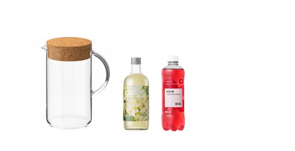 Kombo set
1x IKEA 365+, FLÖJT, džbán s víčkem, čiré sklo/korek, 1,5 l
1x DRYCK FLÄDER, bezový sirup, 495 ml 
1x ISKUB, sycený nealkoholický nápoj, příchuť brusinka/s cukry a sladidly, 500 ml 