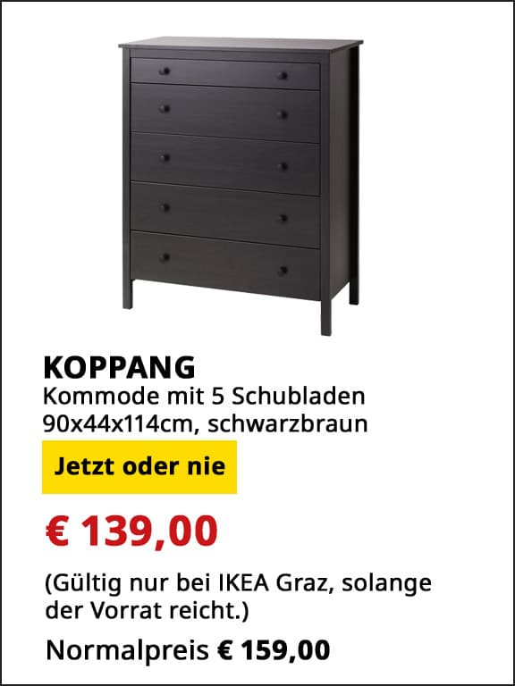 Kommode Koppang, 5 Schubladen, 90x44x114cm, schwarzbraun, statt € 159 um € 139.