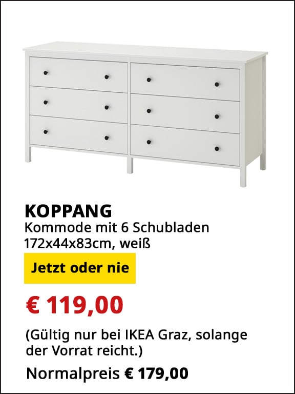 Kommode Koppang, mit 6 Schubladen, 172x44x83cm, weiß, statt € 179 um € 119.