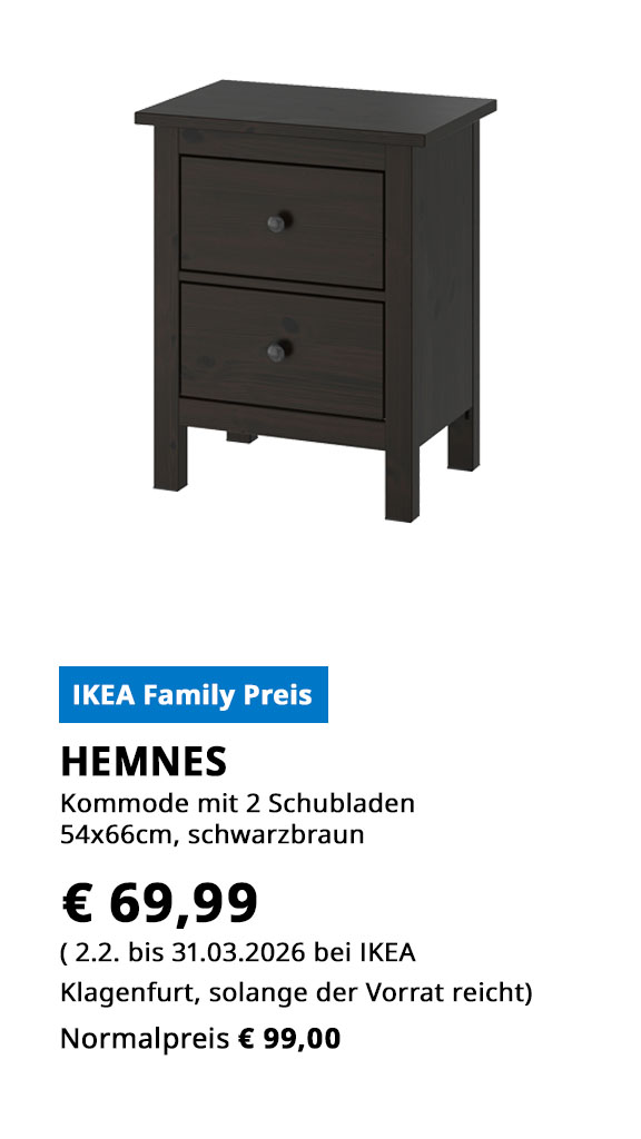 Kommode mit 2 Schubladen Hemnes, 54x66cm, schwarzbraun, statt € 99 zum IKEA Family Preis von € 69,99.