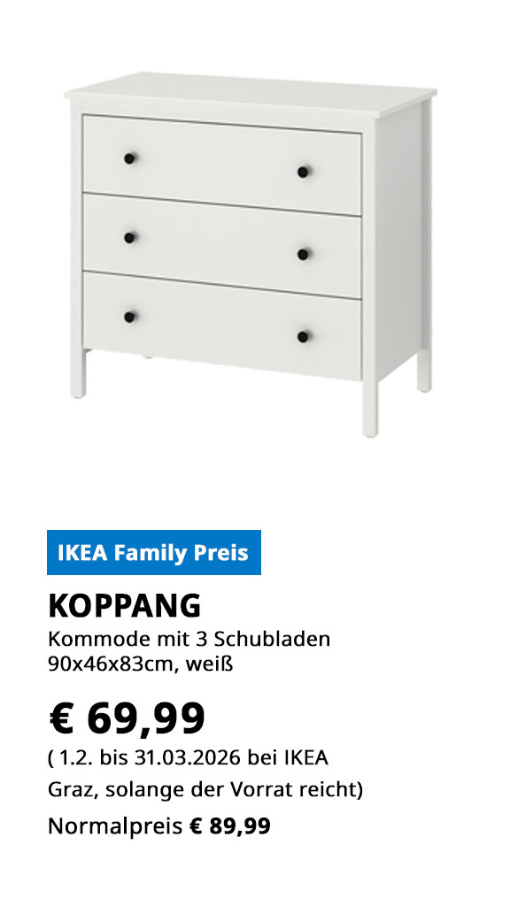 Kommode mit 3 Schubladen, 90x46x83cm, weiß, statt € 89,99 zum IKEA Family Preis von € 69,99