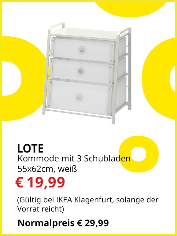 Kommode mit 3 Schubladen Lote, 55x62cm, weiß, statt € 29,99 um € 19,99.