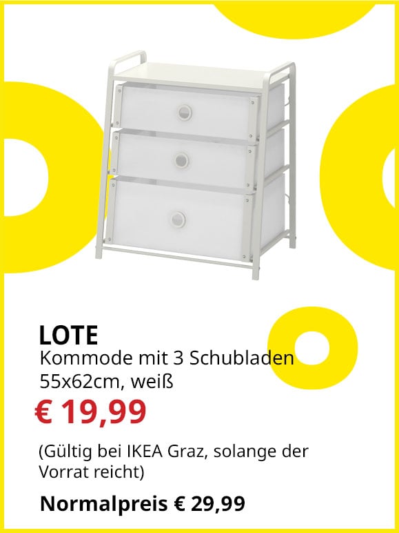 Kommode mit 3 Schubladen Lote, 55x62cm, weiß, statt € 29,99 um € 19,99.