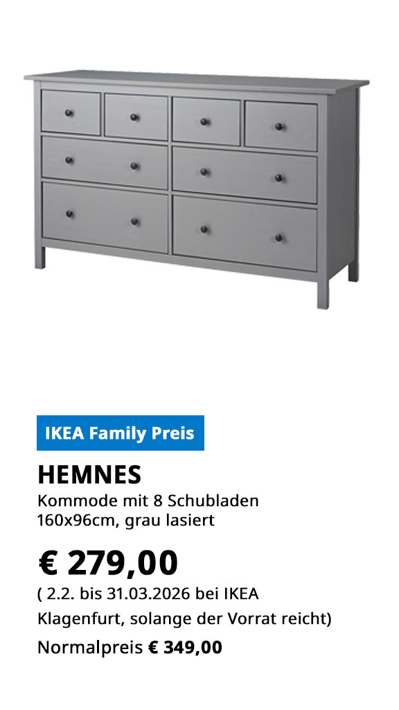Kommode mit 8 Schubladen Hemnes, 160x96cm, grau lasiert, statt € 349 zum IKEA Family Preis von € 279.