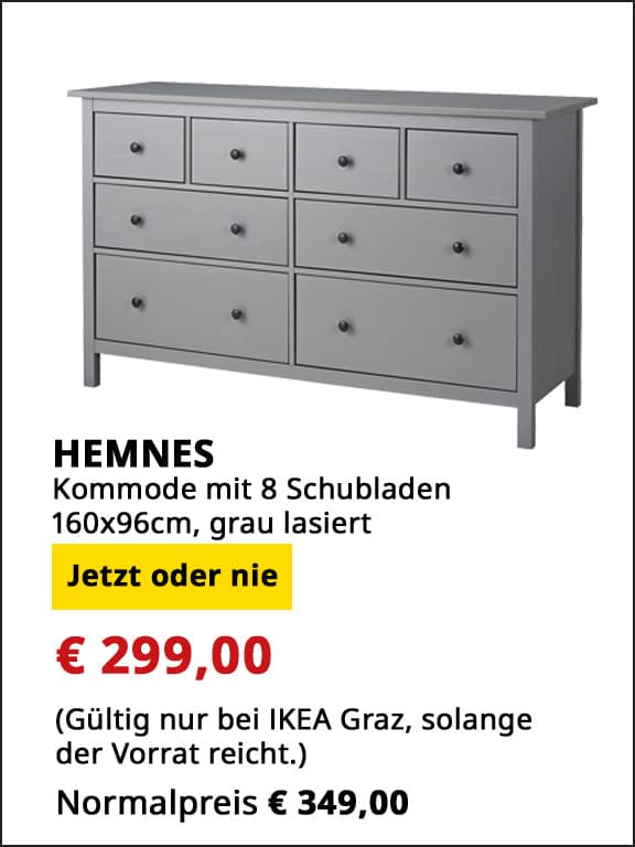Kommode mit 8 Schubladen Hemnes,  160x96cm, grau, statt € 349 um € 299.