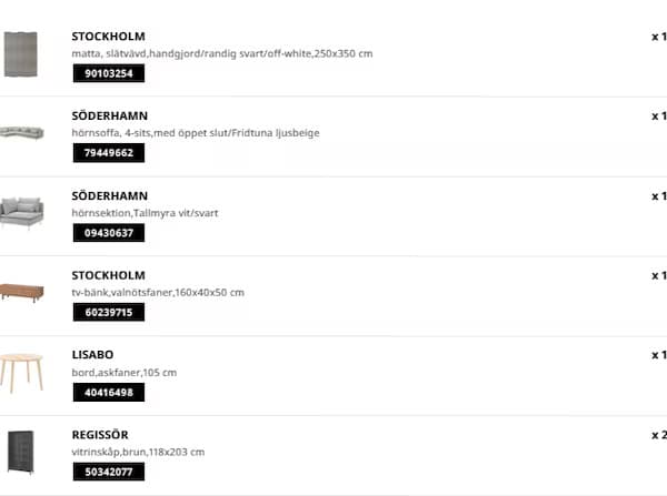 Komplet produktliste
Foreslag til møbler, belysning, tæpper og tekstiler, der passer ind i rummet.
