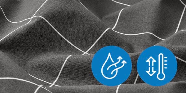KOPPARBLAD dc/pwc 150x200/50x60 in dark blue. Two white icons in blue circles show heat transfer and temperature control properties.