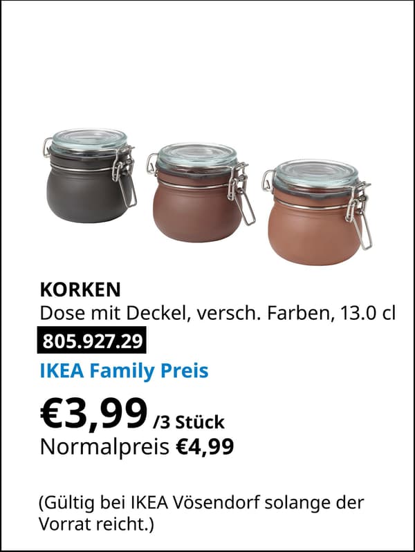 KORKEN Dose mit Deckel, verschiedene Farben, 13.0 cl, 3 Stück statt € 4,99 zum IKEA Family Preis von € 3,99