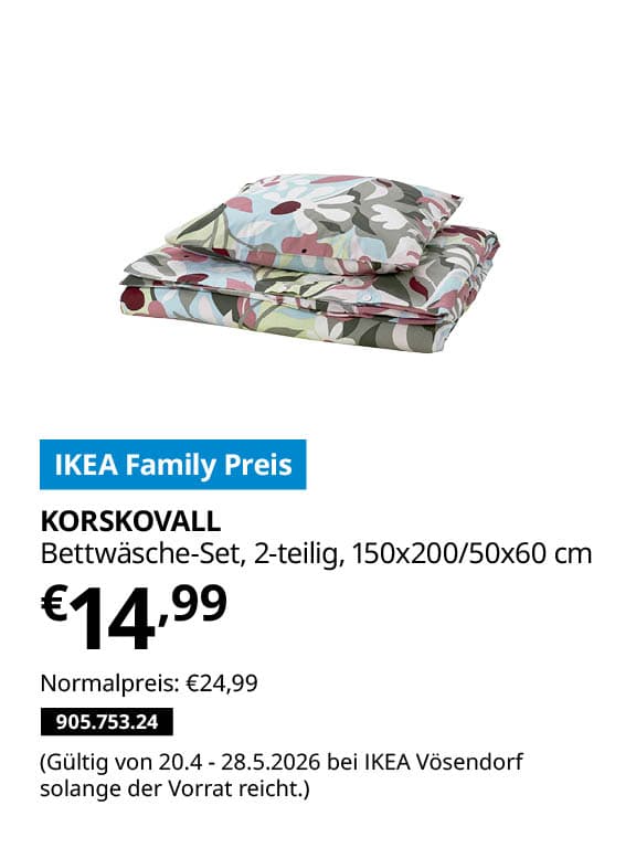 KORSKOVALLBettwäsche-Set, 2-teilig, bunt/Blumenmuster, 150x200/50x60 cm statt € 24,99 zum IKEA Family Preis von € 14,99