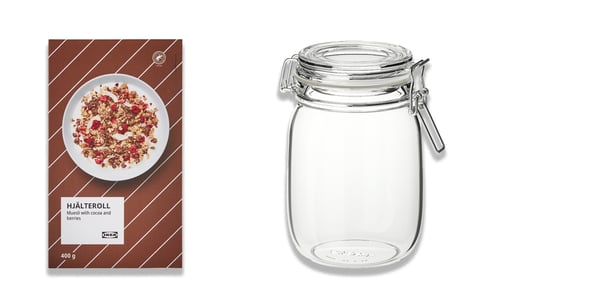 krabice s čokoládovými musli a skleněná dóza