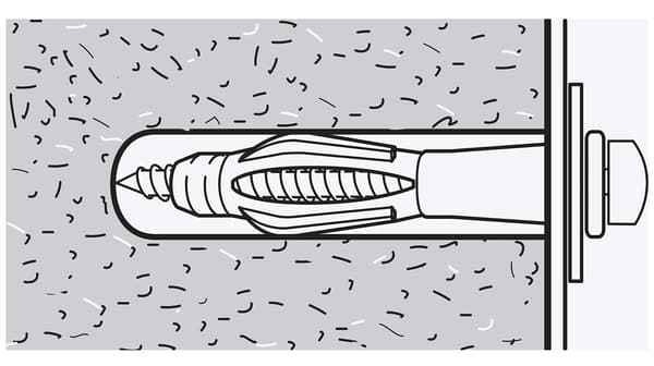 Kresba skrutky, ktorá je zaskrutkovaná do plnej steny napríklad z tehál. Skrutka je v hmoždinke.