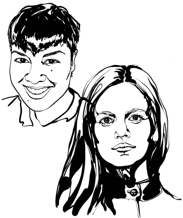 ภาพสเก็ตซ์สีขาวดำเน้นใบหน้าของนักออกแบบภายในสองคนในบทความคือ Kristin Perez และ Kristina Pospelova