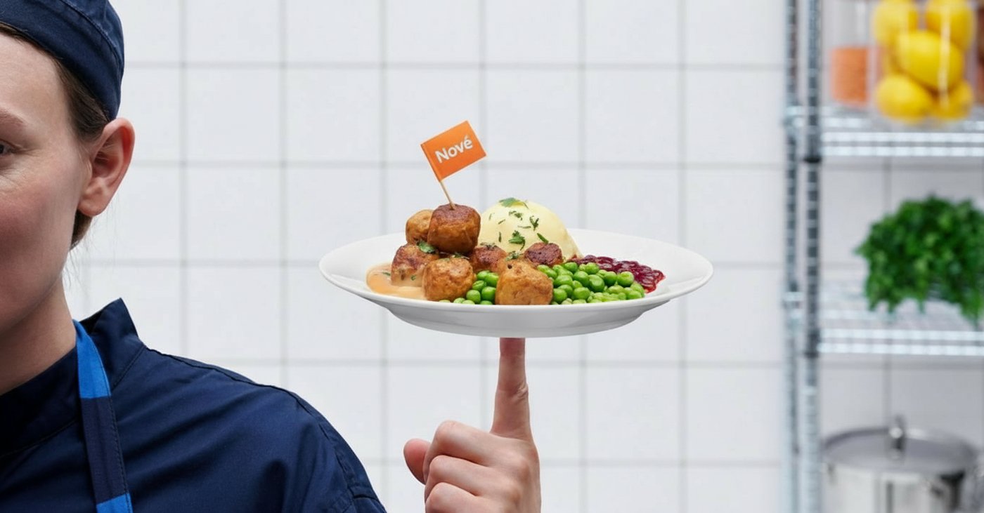 Kuchař držící na jednom prstě talíř s novým menu masovo-zeleninových kuliček.