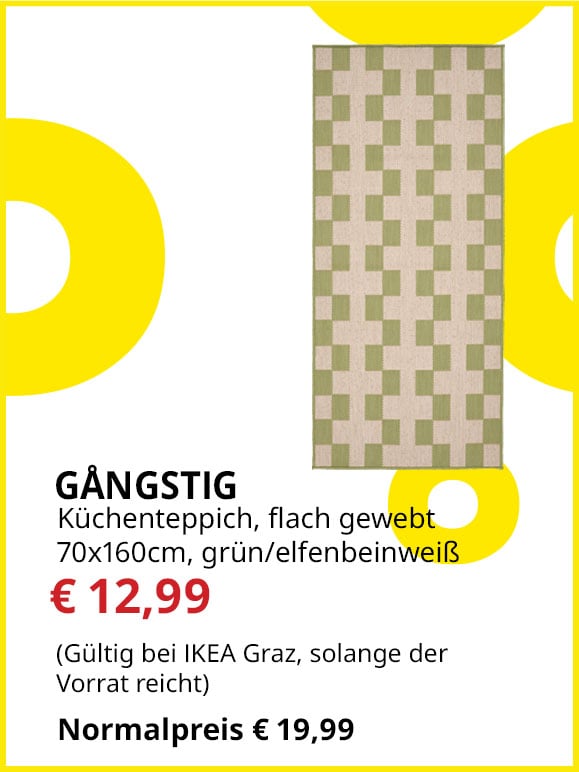 Küchenteppich Gångstig, 70x160cm, flach gewebt, grün/ elfenbeinweiß, statt € 19,99 um € 12,99.