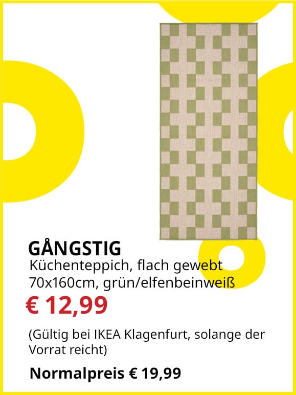 Küchenteppich Gångstig, 70x160cm, flach gewebt, grün/ elfenbeinweiß, statt € 19,99 um € 12,99.