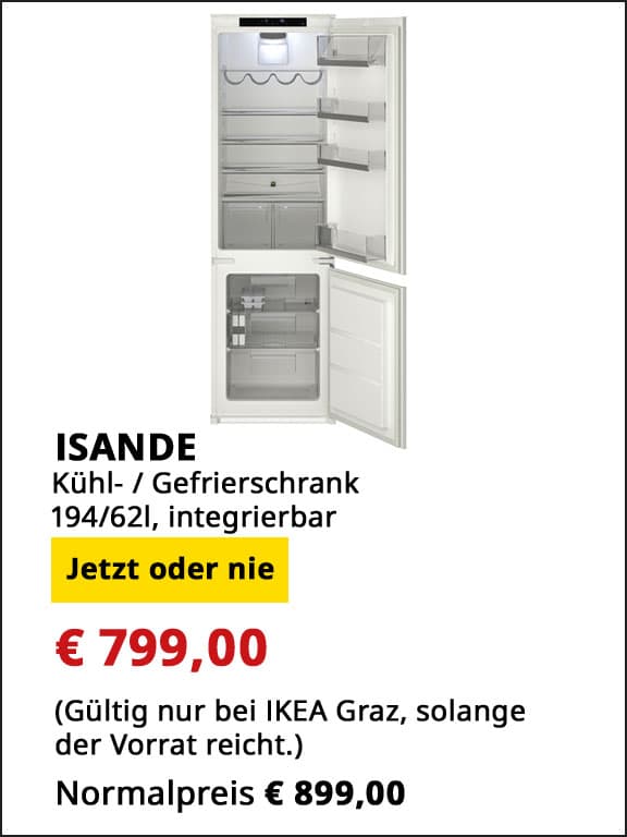 Kühl- Gefrierschrank Isande, 194/62l, integrierbar, statt € 899 um € 799.
