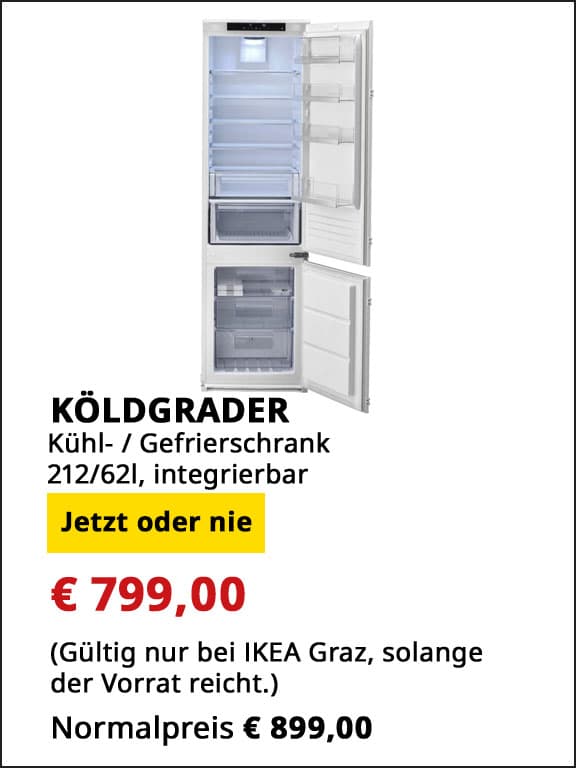 Kühl- Gefrierschrank Köldgrader, 216/62l, integrierbar, statt € 899 um € 799.