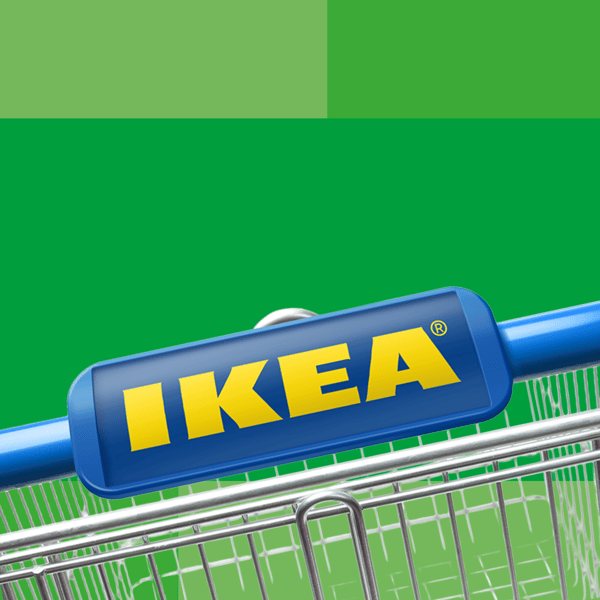 Kundevogn med IKEA logo på grøn baggrund 