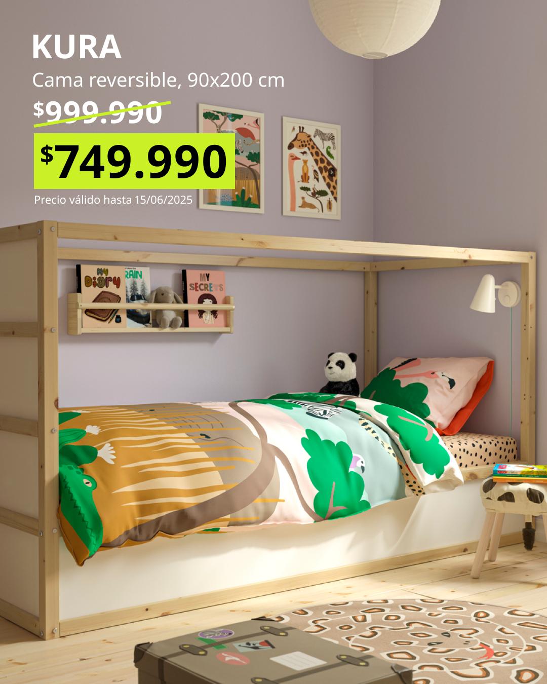 KURA cama reversible 90x200 blanco pino ideal para niños estructura versátil y funcional