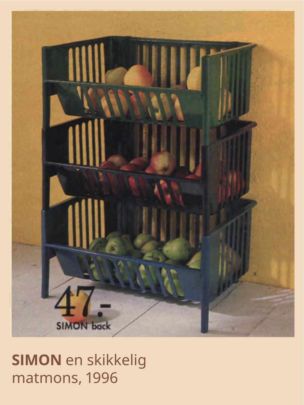 Kurvhylle i grønn med frukter. 