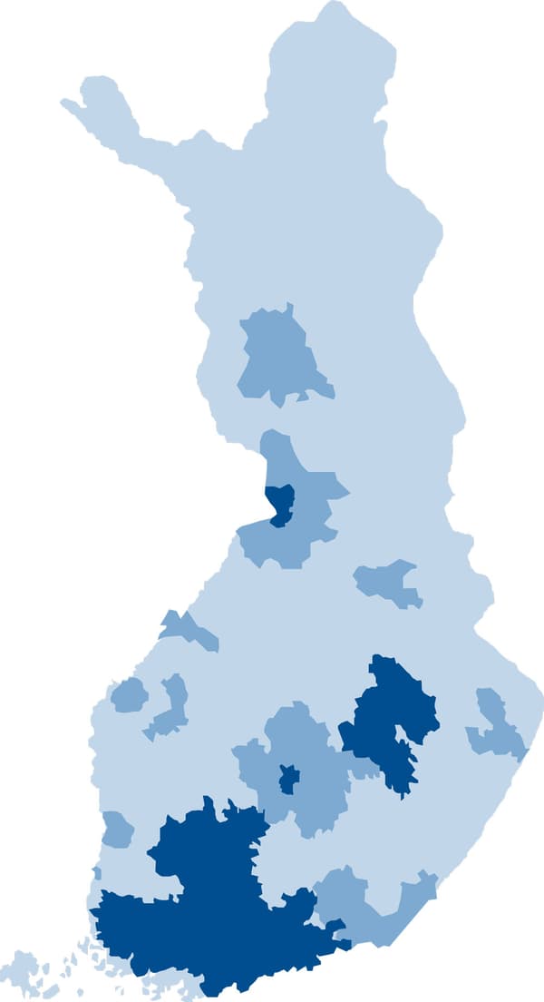 Kuva Suomen kartasta, jolle on sinisen sävyillä merkitty kuljetusalueet. 