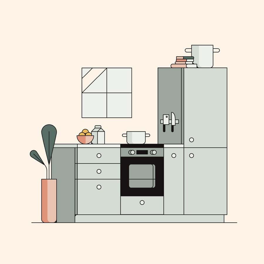 Kuvituskuva vihreästä keittiöstä, jossa on viherkasvi, uuni ja ikkuna.