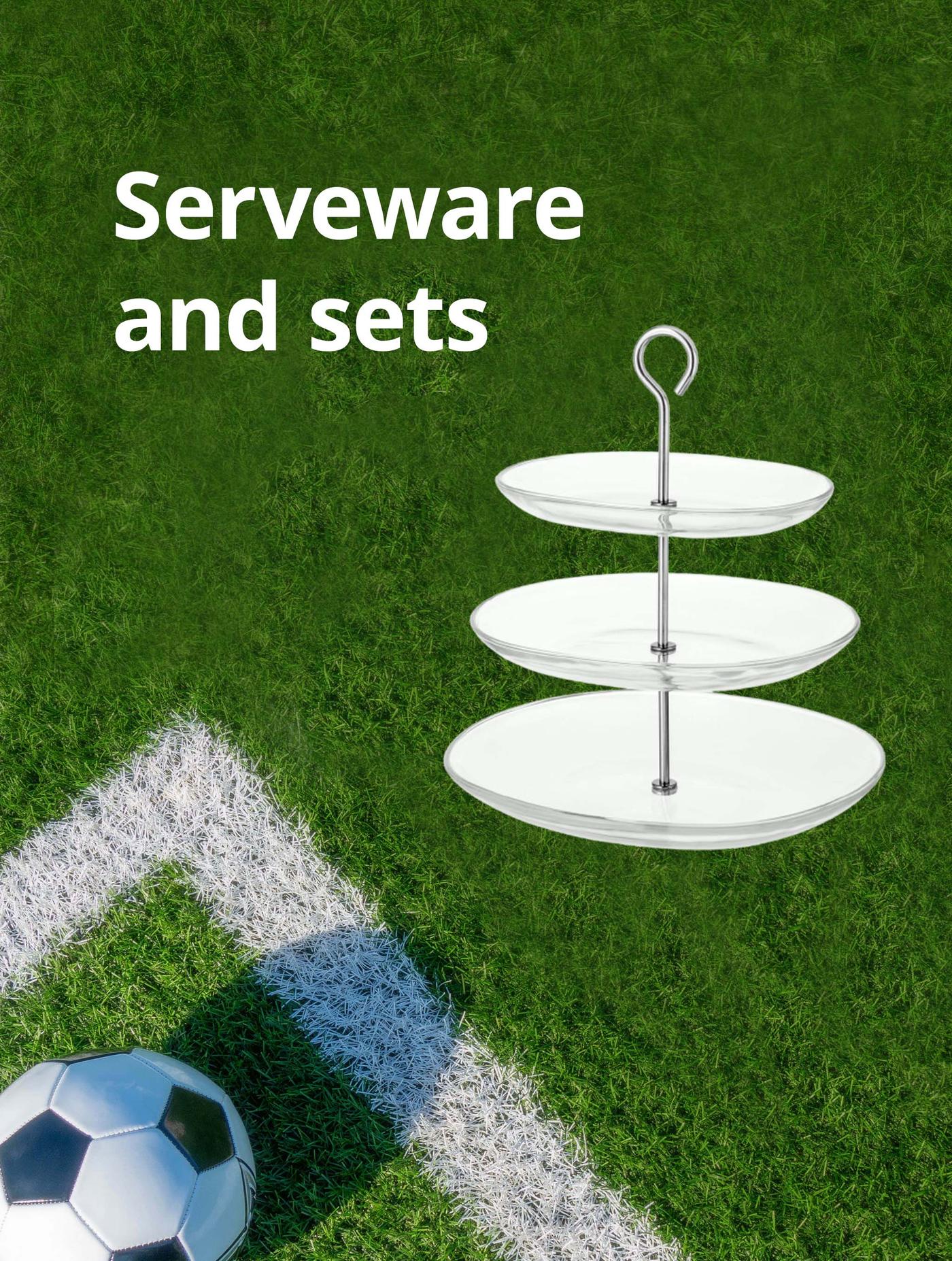 KVITTERA serving stand on a football pitch background. White text reads: Serveware and sets