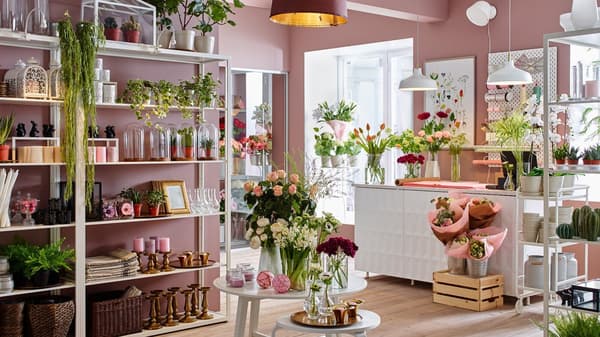 Kwiaciarnia ze ścianami pomalowanymi na różowo, wyposażona w białe regały FJÄLKINGE służące do eksponowania kwiatów i wazonów.