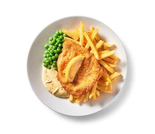 Kycklingschnitzel med pommes frites och ärtor.