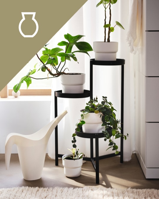 La esquina de una habitacióncon un soporte para plantas de 3 niveles y una regadera en el piso.