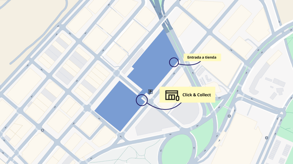 La imatge mostra un mapa de la botiga IKEA Badalona, amb indicacions per a l'entrada principal i el punt de recollida Click & Collect.