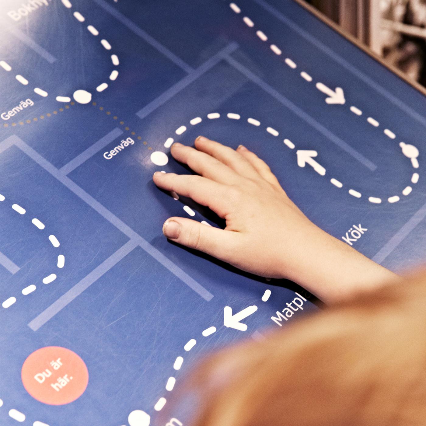 La mano di un bambino mentre segue la linea tratteggiata indicante il percorso sulla mappa di un negozio IKEA.