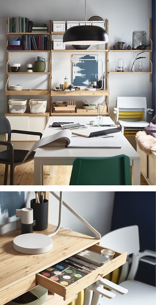 La table extensible IKEA VANGSTA et les étagères SVALNÄS sont une combinaison idéale d’un point de vue organisationnel. Personnalisez les étagères en fonction de vos besoins et de manière à accéder facilement à l’essentiel.