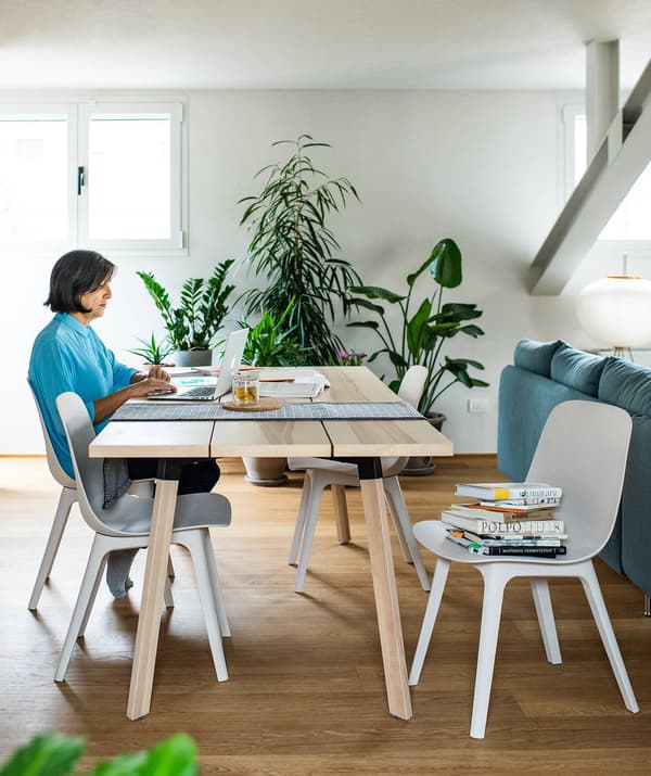 La zona pranzo, con tavolo, sedie e le piante sullo sfondo. Lisa è seduta al tavolo mentre sta lavorando con un laptop.