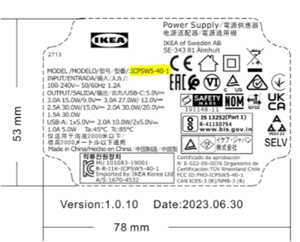 Label on the backside of the ÅSKSTORM 40W USB charger. The model number 