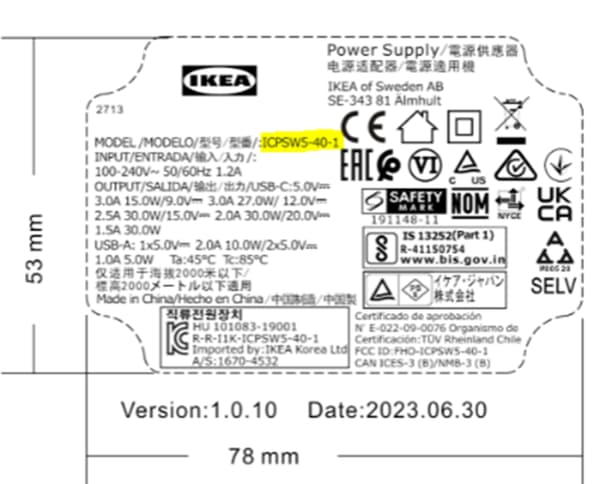 Label on the backside of the USB charger with the model number highlighted.