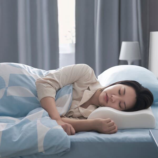 Lady lying on a ergonomic pillow on a bed covered with blue sheets.
