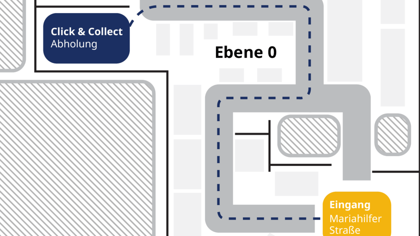 Lageplan von Click&Collect Abholung von Eingang Mariahilferstraße.
