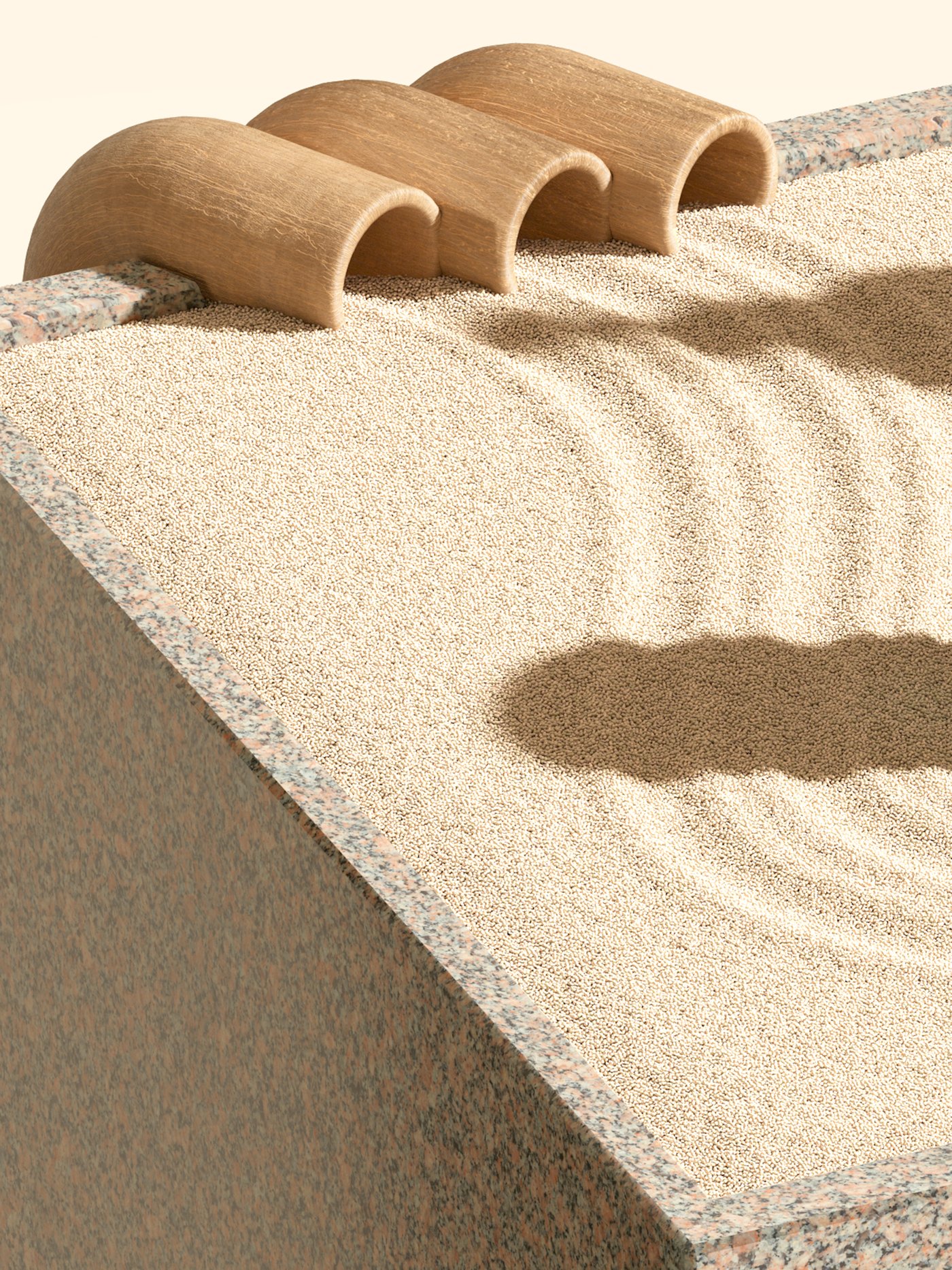 Laluan berliku bermula dari tiga pokok kayu di hujung kotak granit yang berisi dengan pasir berwarna kuning.