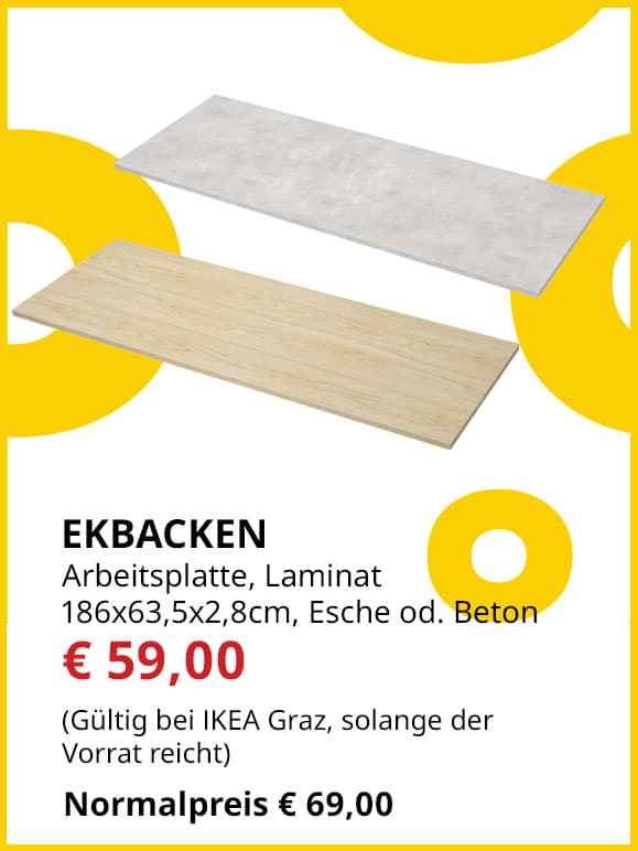 Laminat-Küchenarbeitsplatte Ekbacken, 186x2,8cm, Esche oder Beton, statt € 69 um € 59.