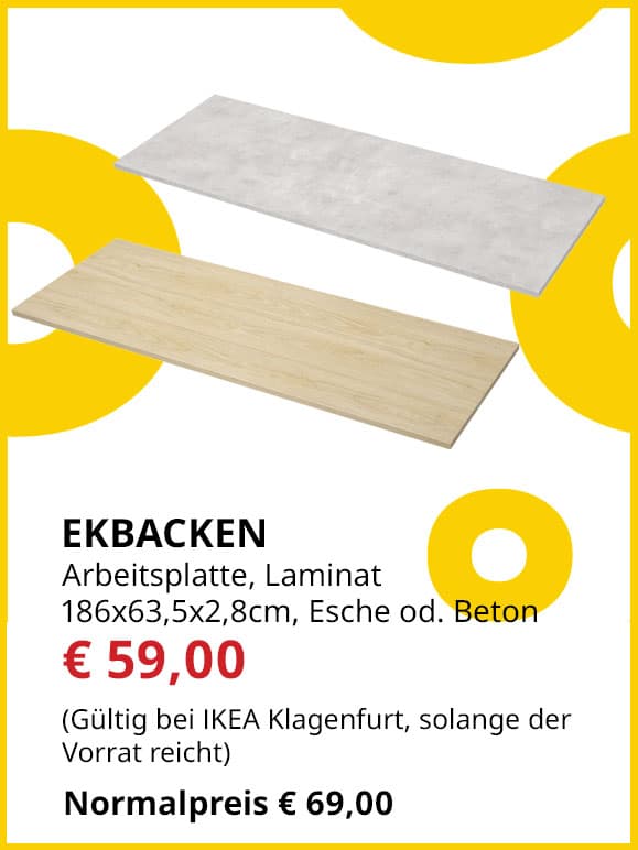 Laminat-Küchenarbeitsplatte Ekbacken, 186x2,8cm, Esche oder Beton, statt € 69 um € 59.