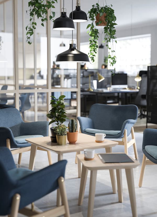 Lámpadas de teito IKEA FOTO, plantas colgantes e cadeiras de brazos azuis VEDBO nunha sala de espera.