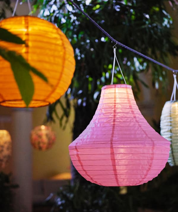 Lampu pendan SOLVINDEN berkuasa suria dalam pelbagai bentuk dan warna digantungkan dengan jarak antara tiap-tiap satu di taman yang subur.