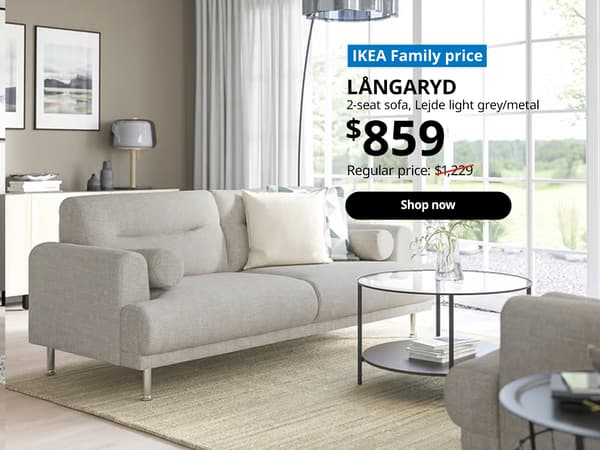 LANGARYD light grey sofa in the living room Text on image reads 