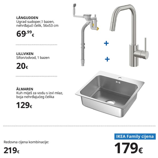 LÅNGUDDEN sudoper od nehrđajućeg čelika u kombinaciji s LILLVIKEN sifonom i ÄLMAREN kuhinjskom miješalicom s izvlačnom mlaznicom, prikazani zajedno kao set. Ispod proizvoda prikazane su redovna i IKEA Family cijena.