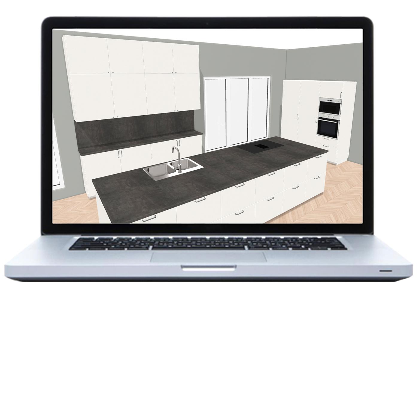 Laptop a képernyőn az IKEA konyhatervezővel.